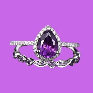 Elegant Silver Plated Purple Teardrop Ring Size US 8
